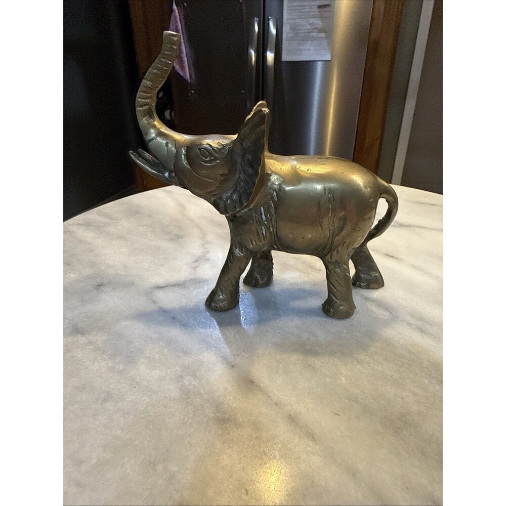 Vintage Brass Elephant Figure Statue 5x5 Good Luck Trunk Up